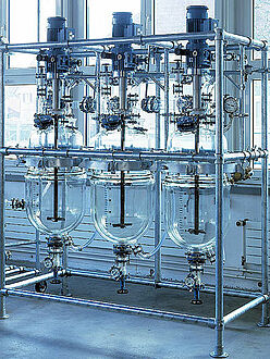 Jacketed glass reactors 3x 50 liter for API production